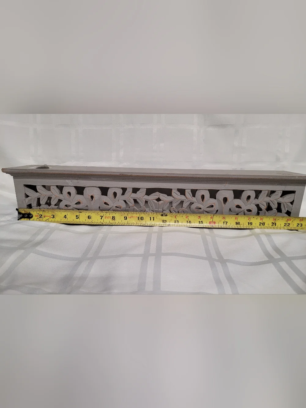 Carved Wooden Wall Display Shelf in Light Gray